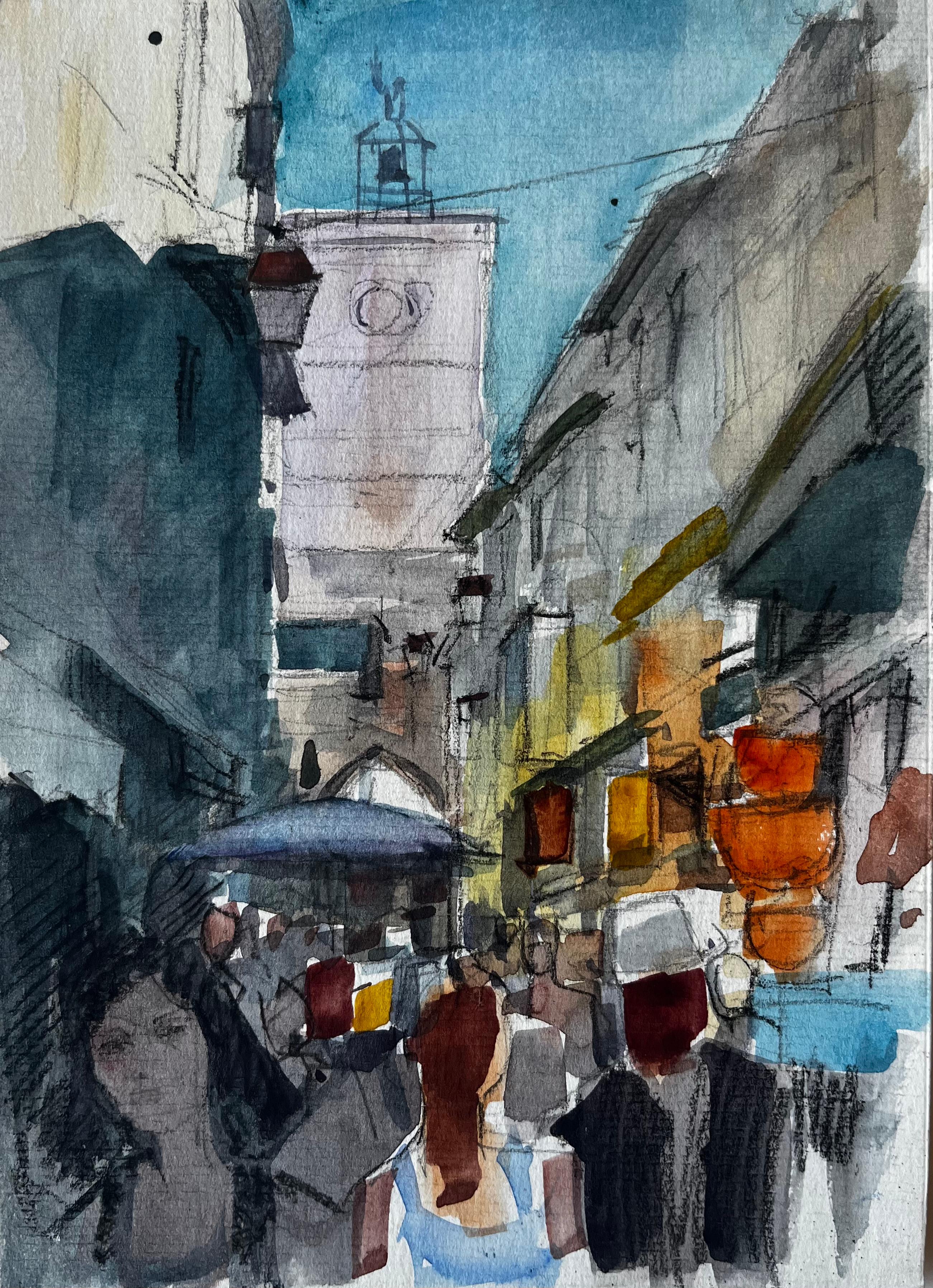 Landscape Art de Pierre Neveu - Multitudinaria Torre del Reloj de la Calle del Mercado Ciudad Mediterránea Acuarela