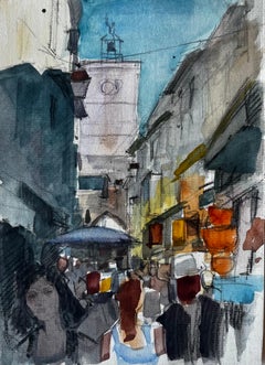 Vintage Crowded Market Street Clock Tower Mediterranean City Watercolor