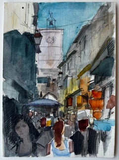 Crowded Market Street Clock Tower Mediterranean City Watercolor