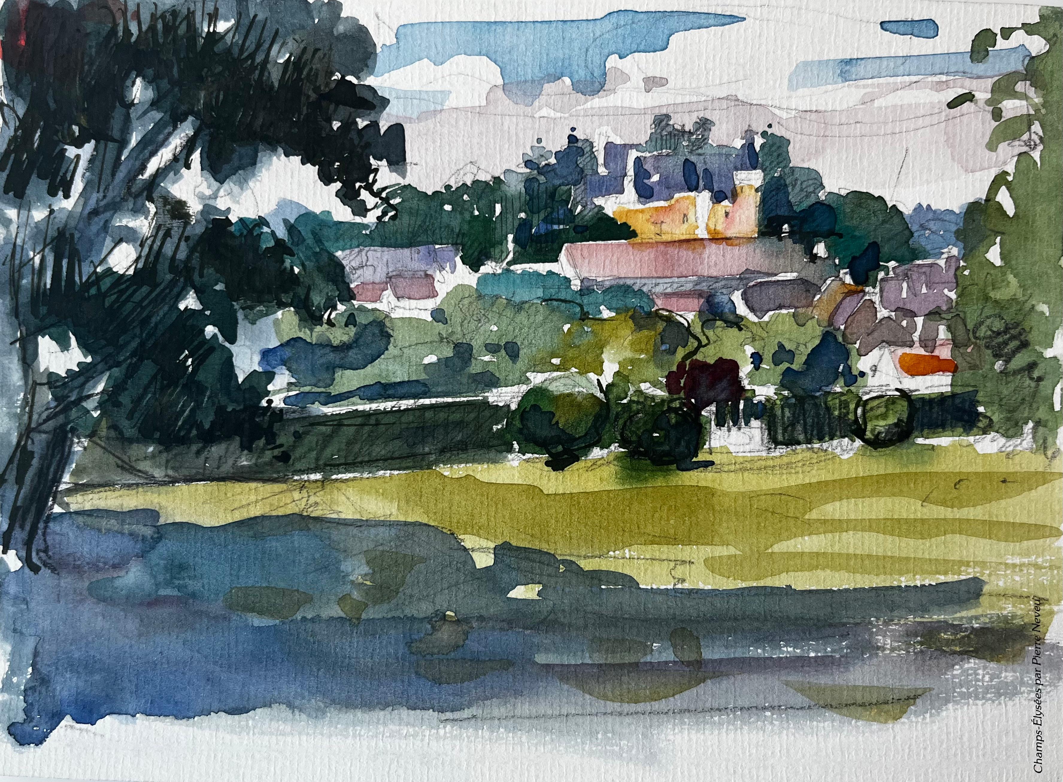 Paesaggio Castello Villaggio lontano Alberi e campi illuminati dal sole Acquerello