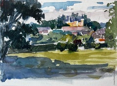 Pierre Neveu - Paisaje Castillo Aldea Distante Árboles y Campos Iluminados por el Sol Acuarela Paisaje Castillo Aldea Distante Árboles y Campos Iluminados por el Sol Acuarela