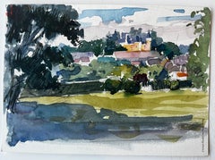 Landschaft Schloss Ferne Dorfbäume und sonnenbeschienene Felder Aquarell