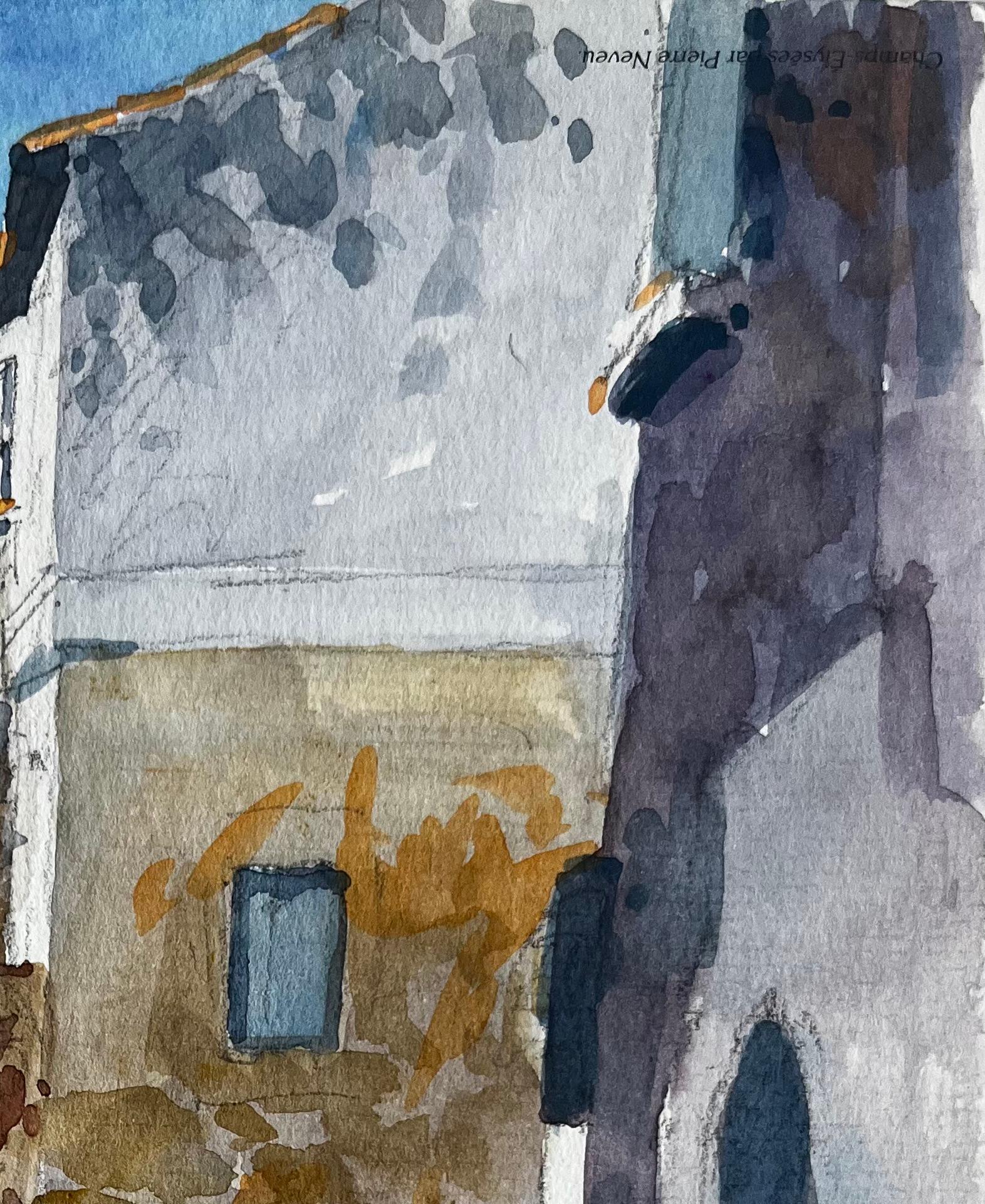 Arche méditerranéenne Allée ensoleillée Bâtiments en pierre Aquarelle - Post-impressionnisme Painting par Pierre Neveu