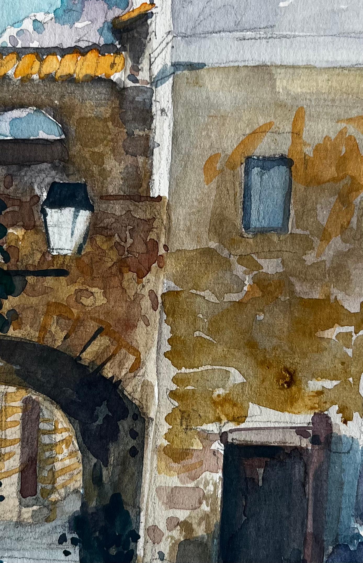 Arche méditerranéenne Allée ensoleillée Bâtiments en pierre Aquarelle en vente 2