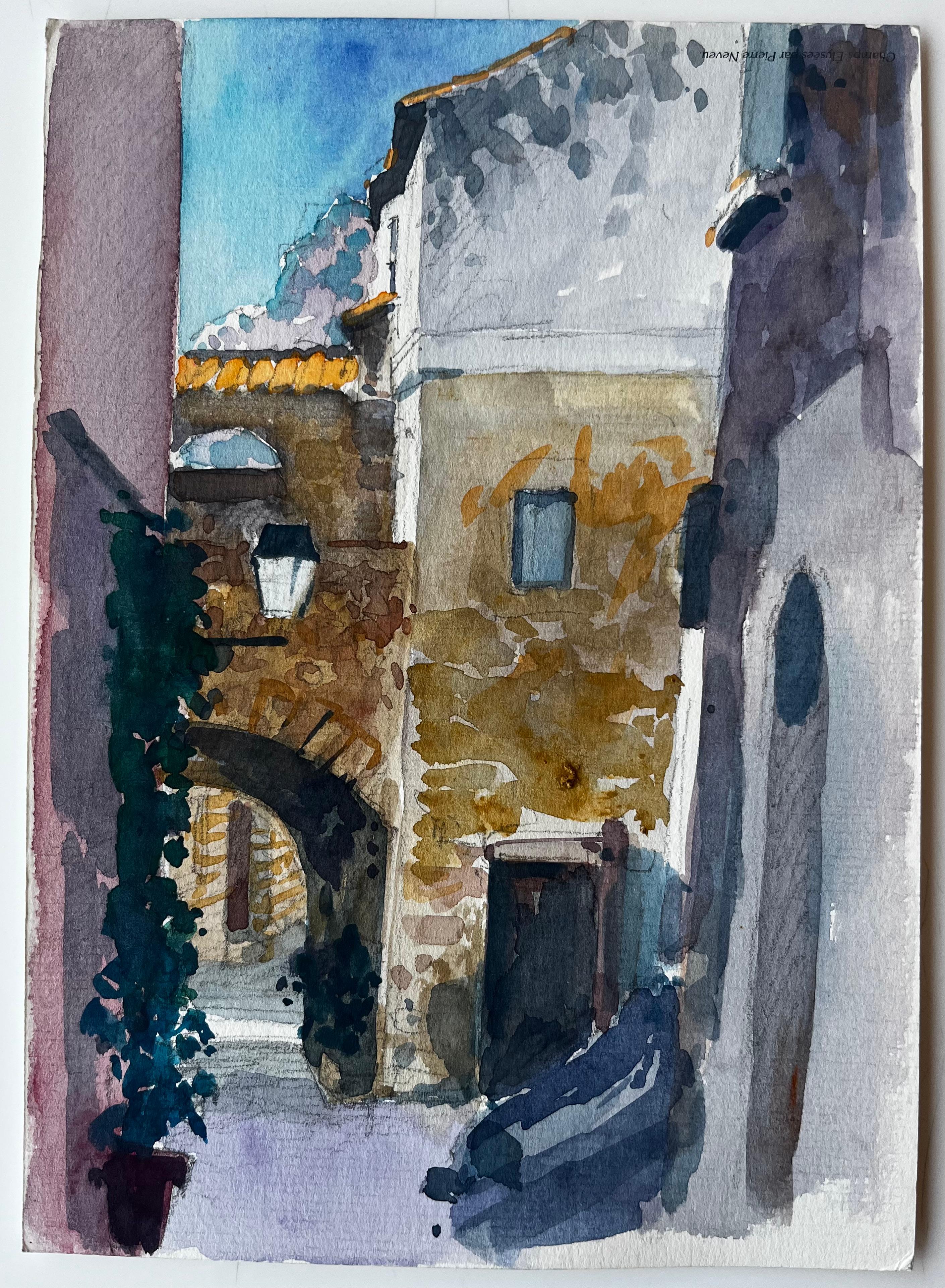 Arche méditerranéenne Allée ensoleillée Bâtiments en pierre Aquarelle - Painting de Pierre Neveu