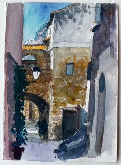 Mediterranean Archway Alley Sunlit Stone Buildings Watercolor