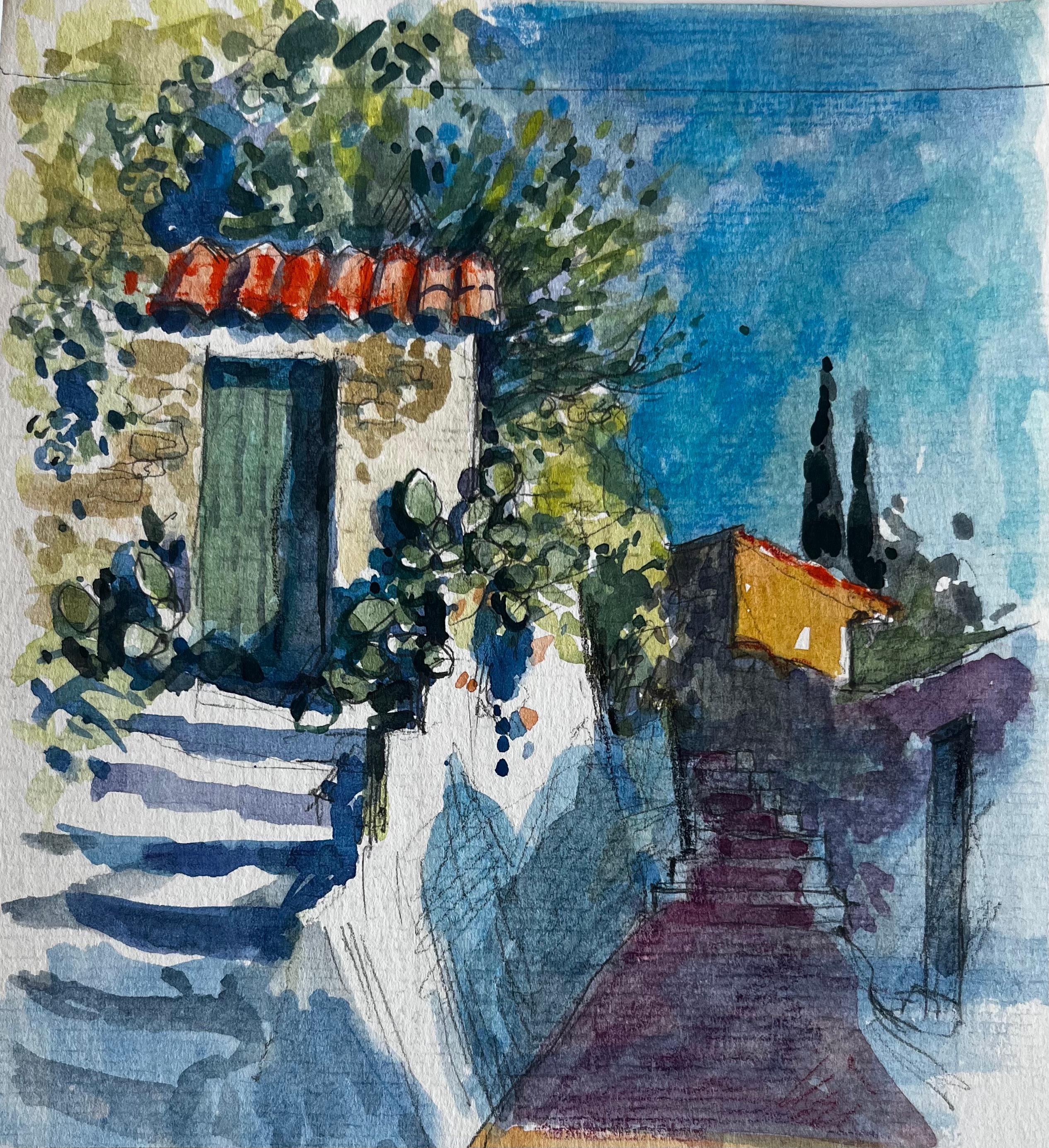 Mentone Casa mediterranea in pietra con gradini Giardino illuminato dal sole Tetto in terracotta Acquerello