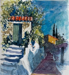 Pierre Neveu - Menton Casa mediterránea de piedra Escalones Jardín iluminado por el sol Techo de terracota Acuarela Menton Casa mediterránea de piedra Escalones Jardín iluminado por el sol Techo de terracota Acuarela