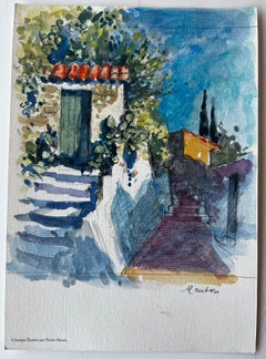 Menton Mediterranean Stone House Steps Sunlit Garden Terracotta Roof Watercolor