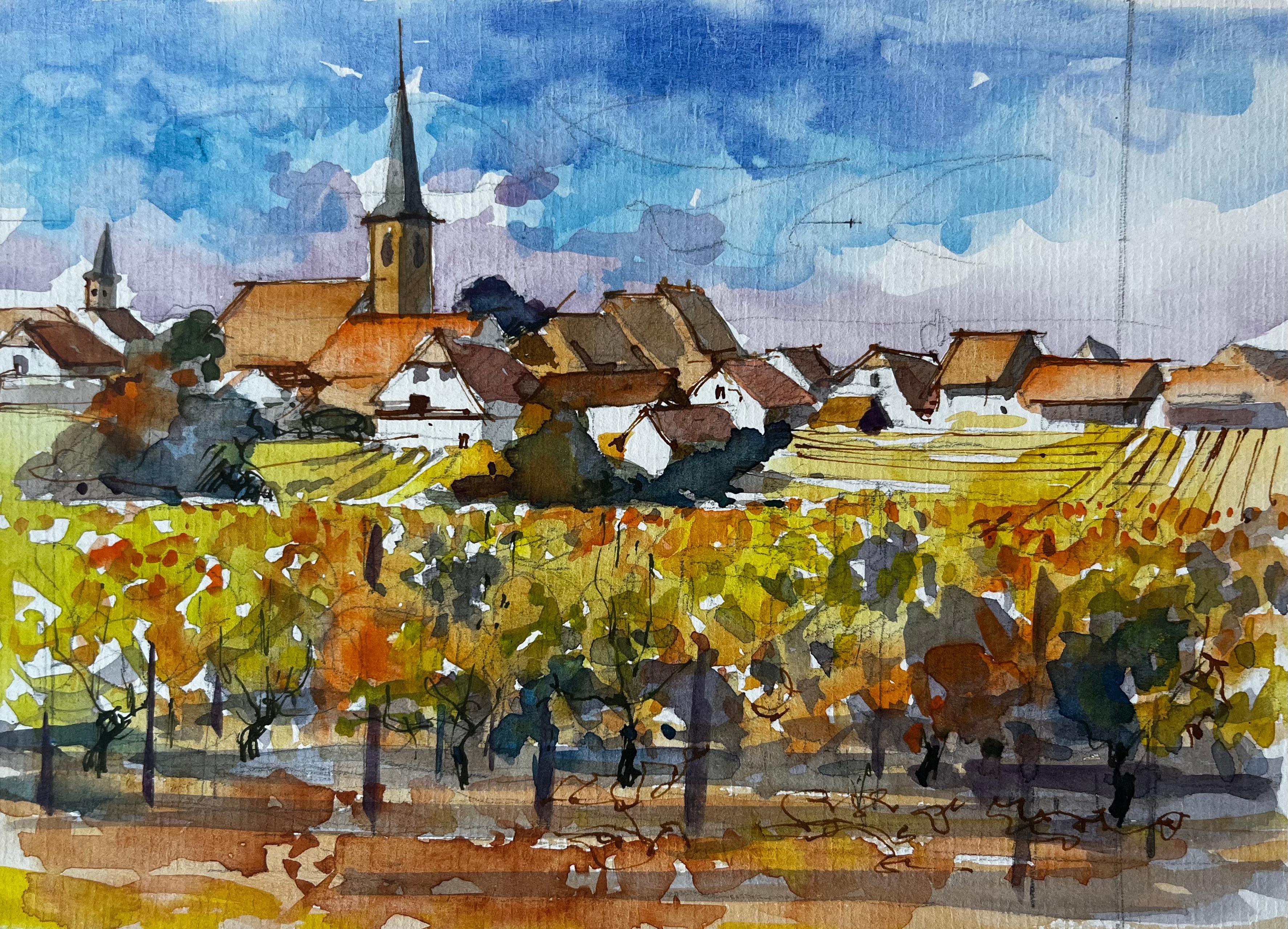 Villaggio francese Church
s Vigneti Paesaggio autunnale Acquerello