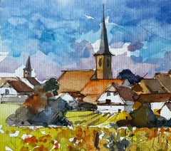 French Village Church's Vineyards Herbstlandschaft Aquarell