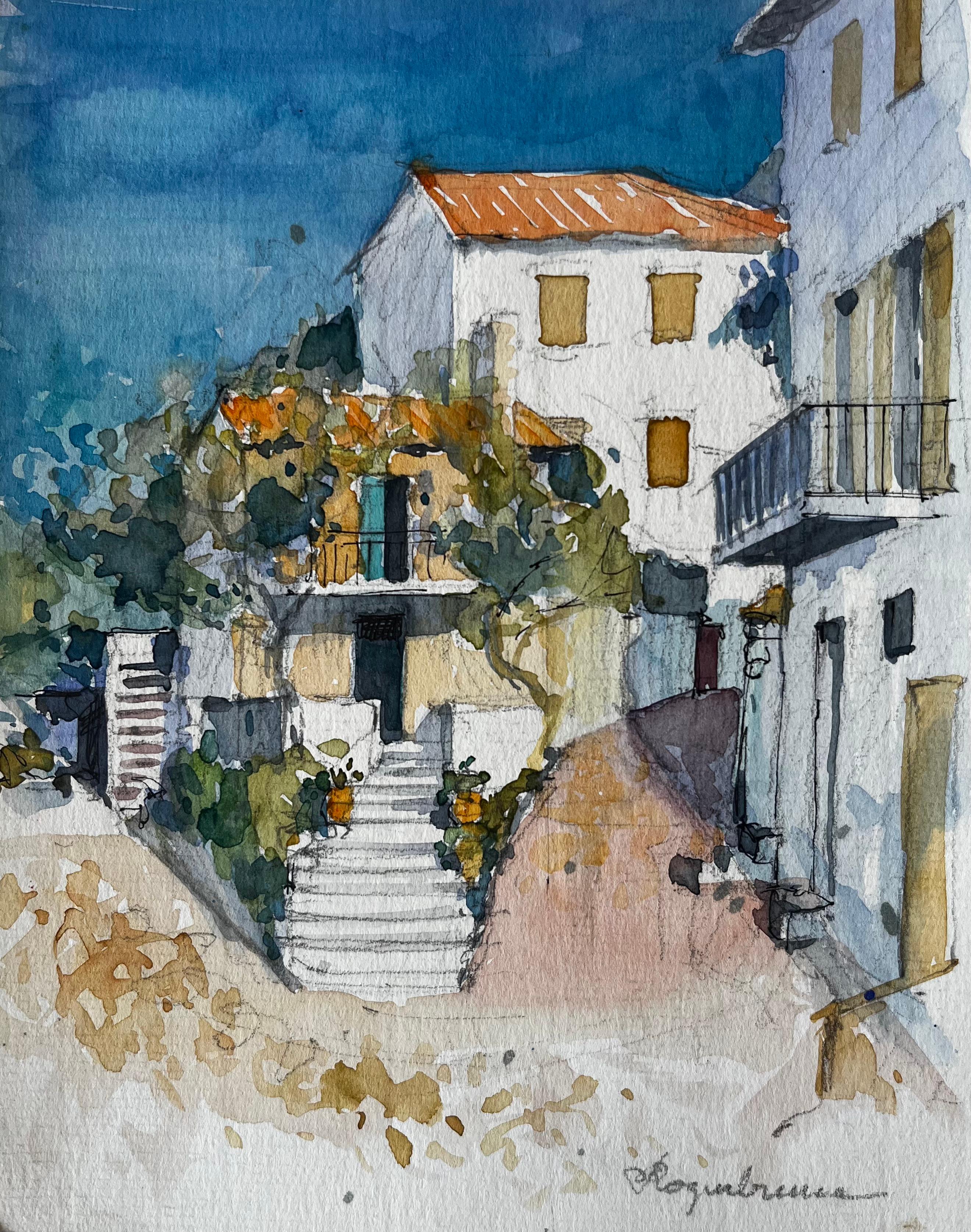 Roquebrune Cap Martin Mediterrane Häuser Terrakotta-Dächer Sonnenlicht Straße