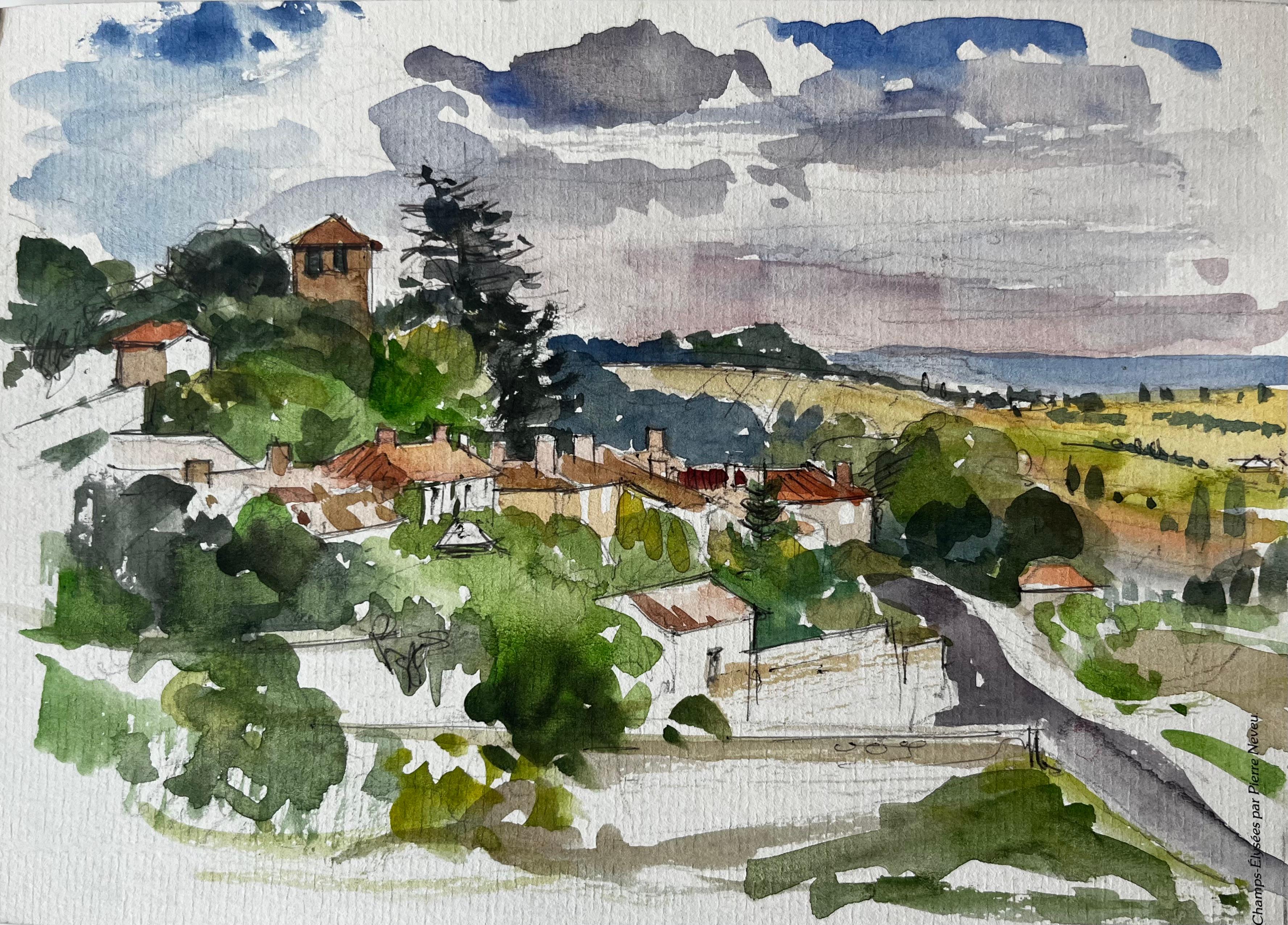 Landscape Art di Pierre Neveu - Acquerello di un villaggio francese in cima a una collina, con paesaggi distanti e nuvole