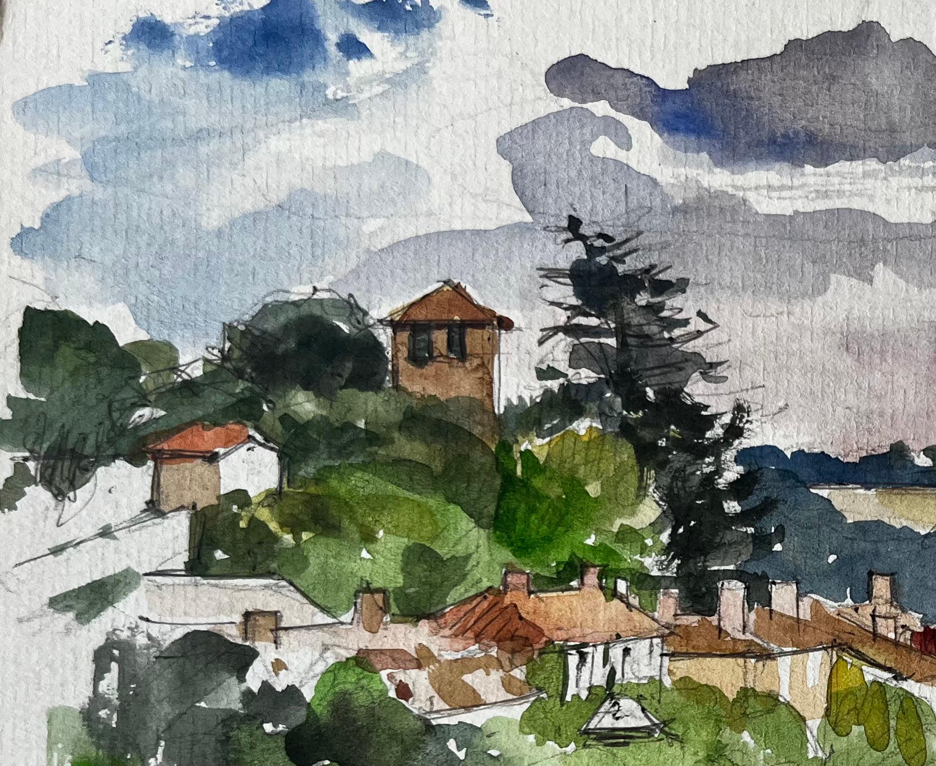 Acquerello di un villaggio francese in cima a una collina, con paesaggi distanti e nuvole - Art Postimpressionismo di Pierre Neveu