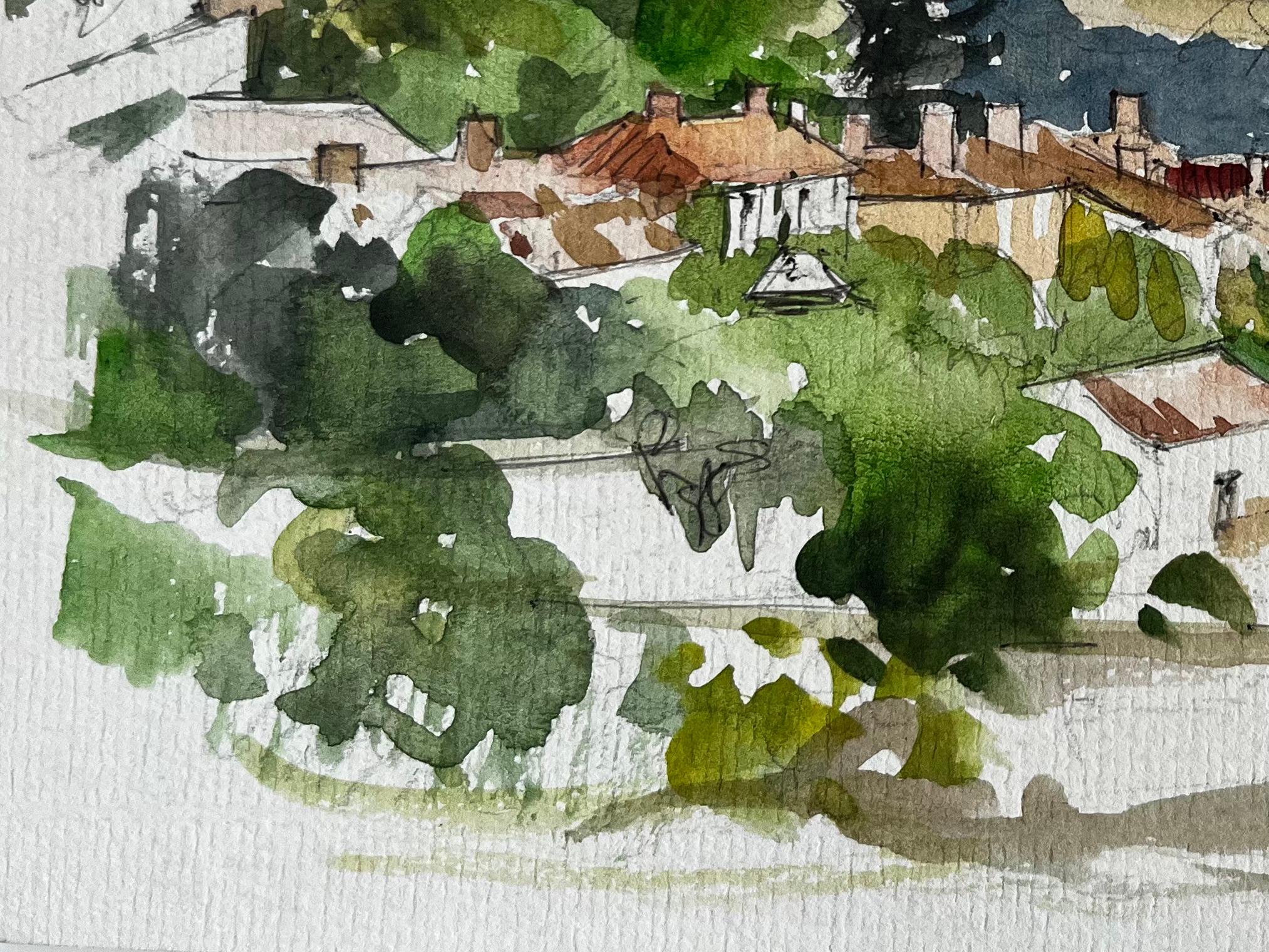 Titolo: Acquerello di un villaggio francese in cima a una collina, con paesaggi lontani e nuvole
Artista: Pierre Neveu (francese, nato nel 1929)
Medium: Acquerello su carta da artisti, senza cornice
Dimensioni (H. x L): 6,25 x 8,5 pollici
Condit: