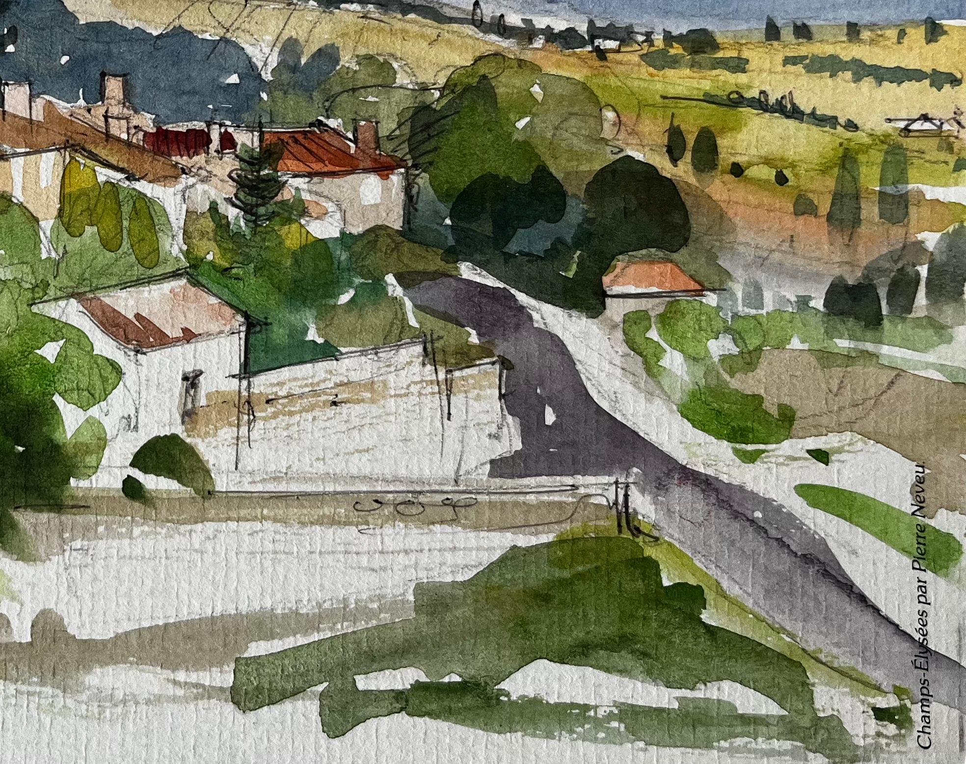 Acquerello di un villaggio francese in cima a una collina, con paesaggi distanti e nuvole in vendita 1