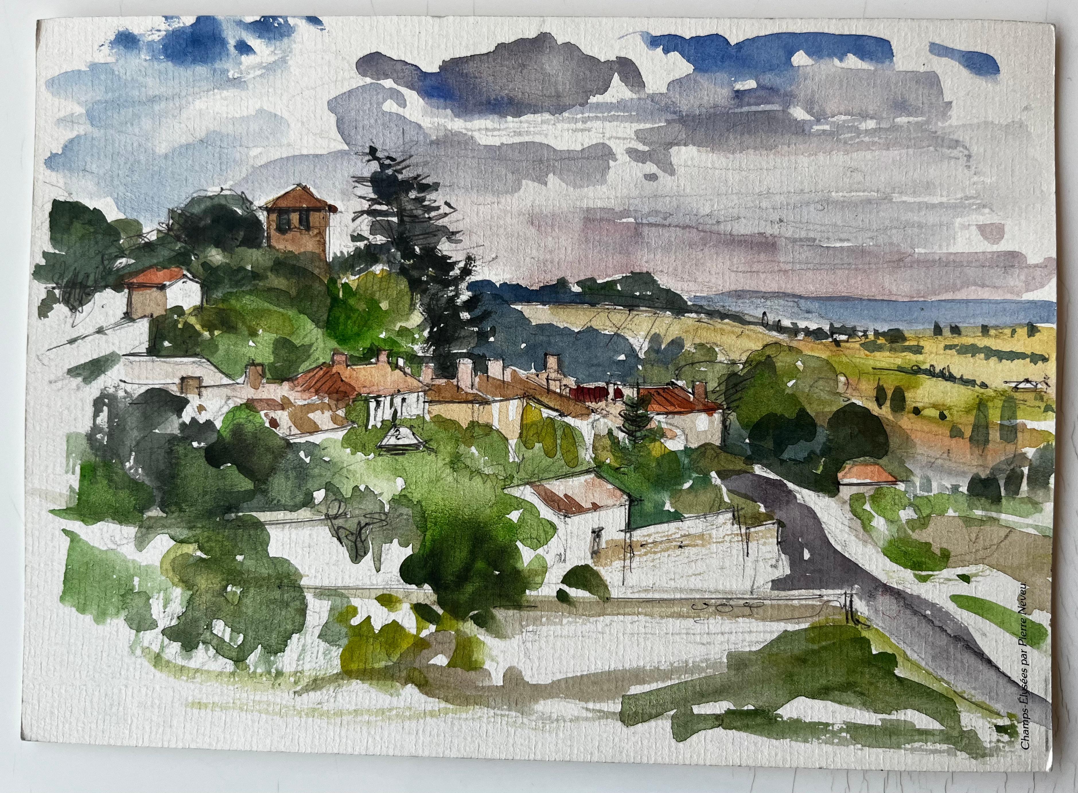 Acquerello di un villaggio francese in cima a una collina, con paesaggi distanti e nuvole - Art di Pierre Neveu
