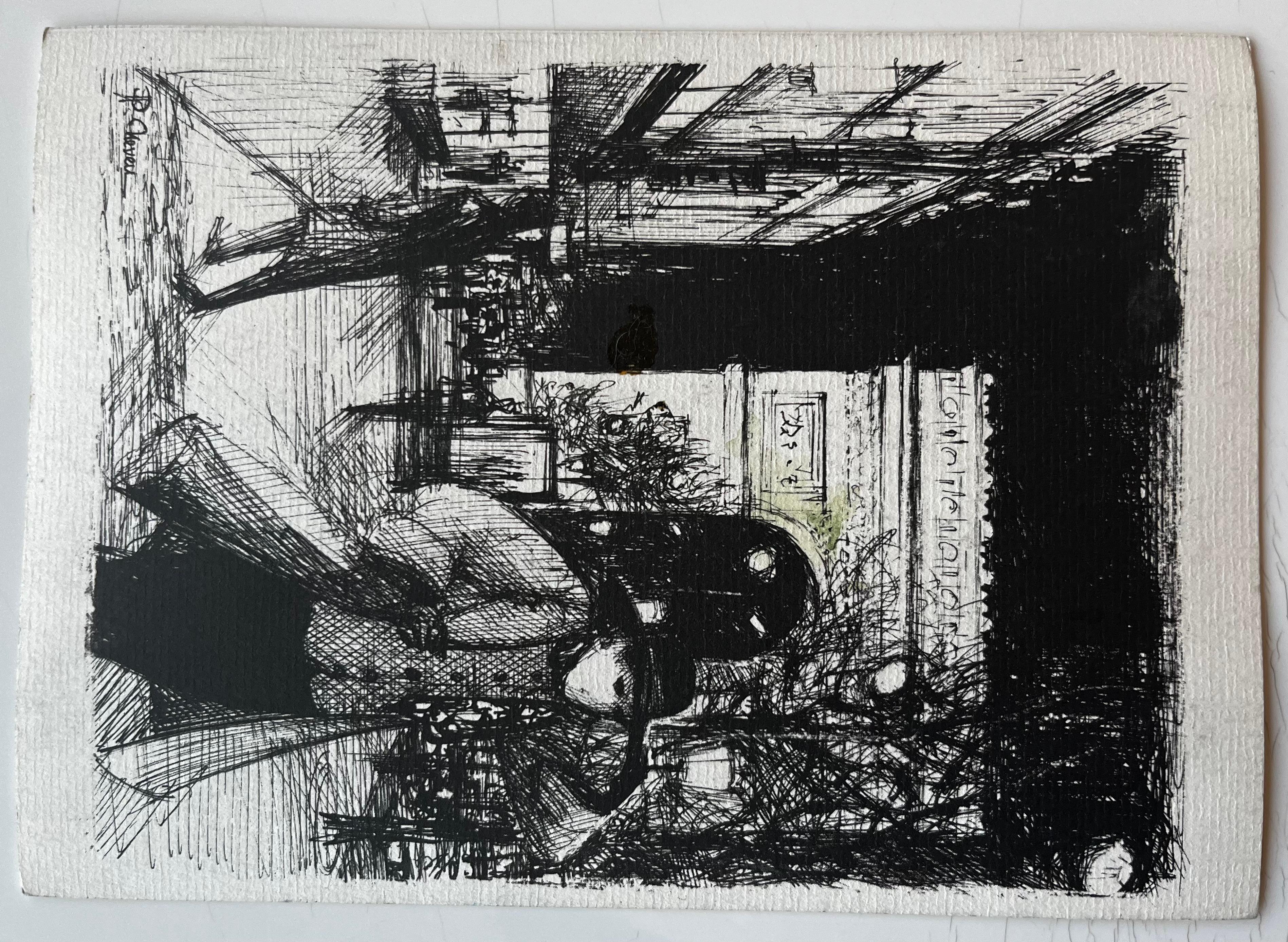 Acquerello di un villaggio francese in cima a una collina, con paesaggi distanti e nuvole in vendita 3