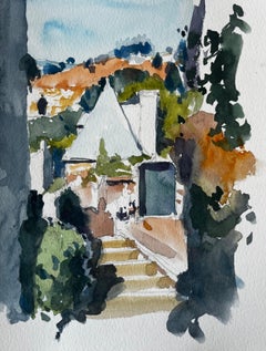 Acuarela de los Pasos de la Casa de la Aldea Francesa Camino del Jardín y Paisaje de Ladera