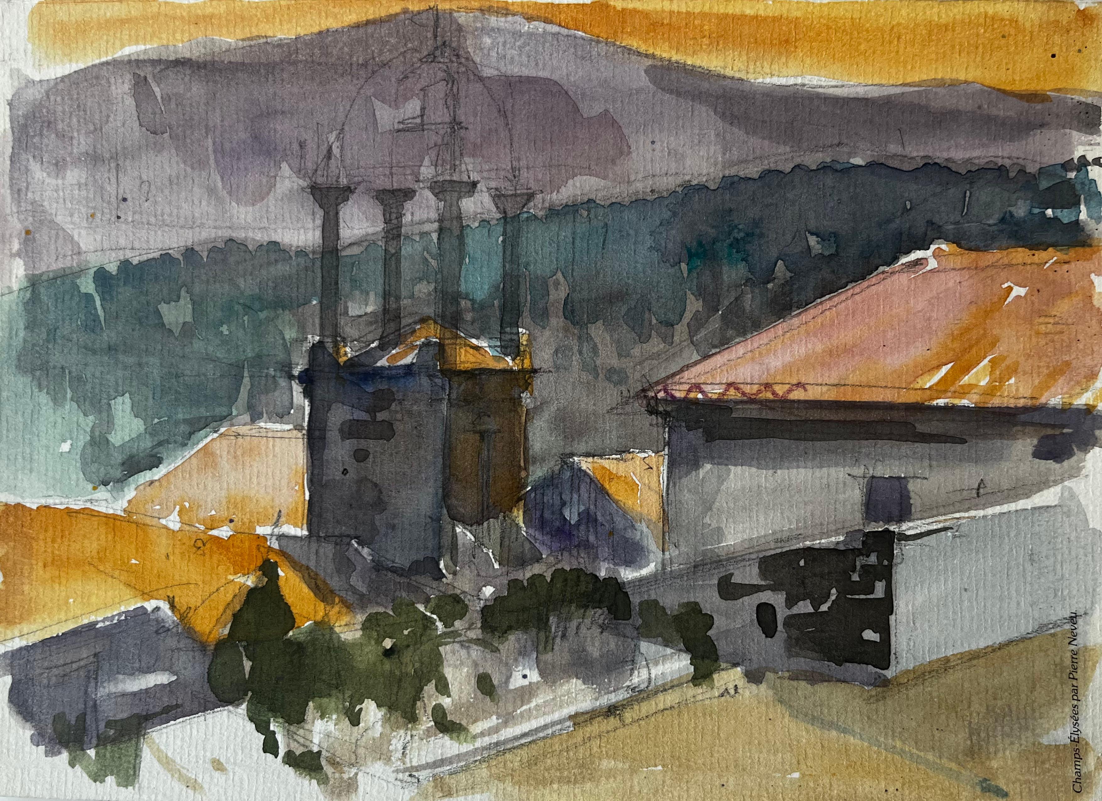 Landscape Art di Pierre Neveu - Edifici francesi in cima alla collina Tetti arancioni Vista sulla montagna Acquerello serale