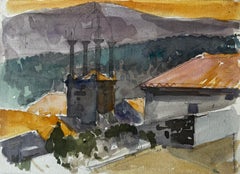 Edificios franceses en lo alto de una colina Tejados naranjas Vista de la montaña Luz vespertina Acuarela