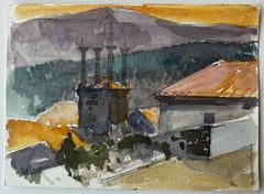 French Hilltop Buildings Orange Roofs Mountain View Evening Light Watercolor