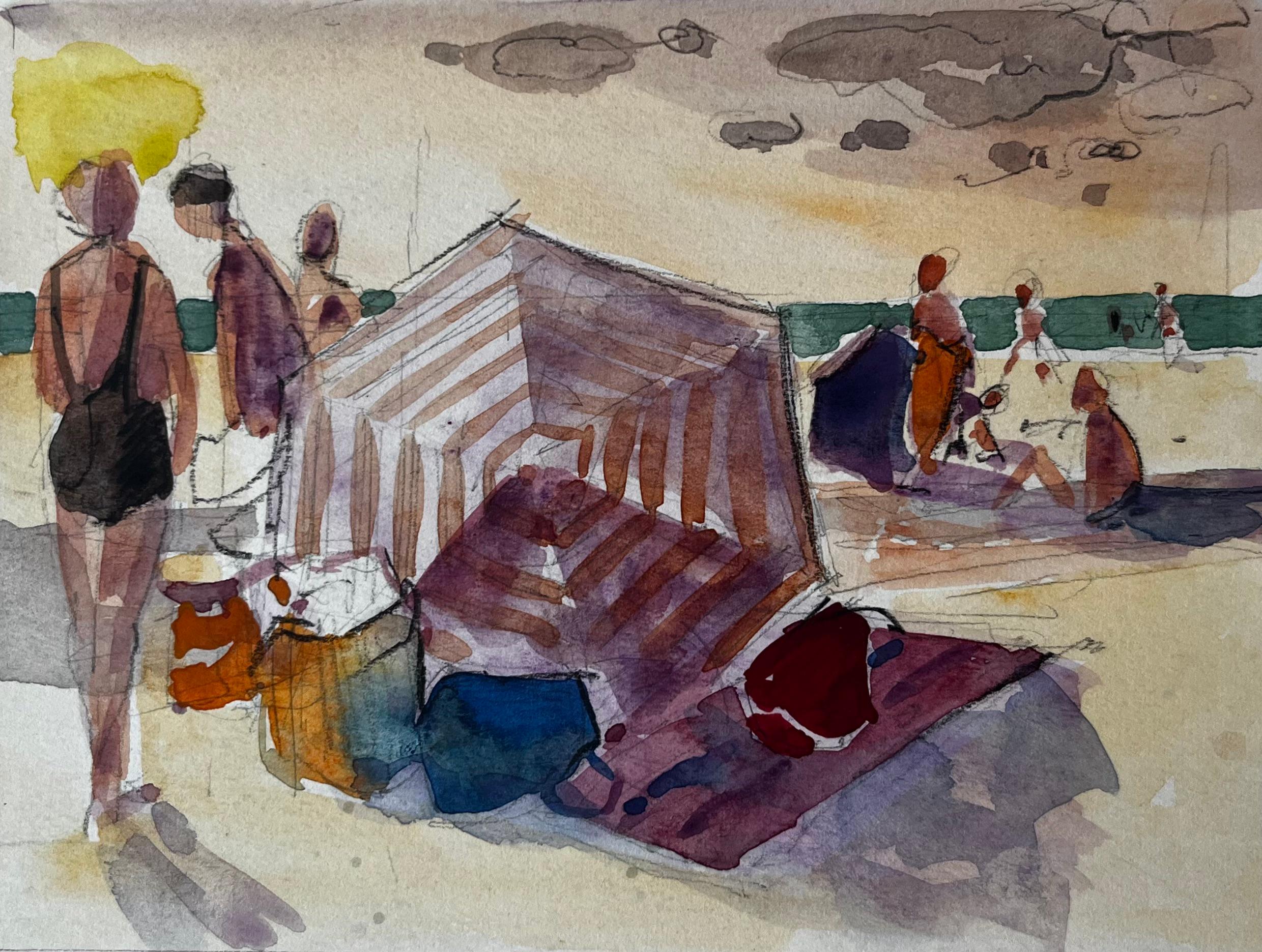 Strandszene Badende Gestreiftes Zelt Sonnenbeschienenes Ufer und Figuren Aquarell