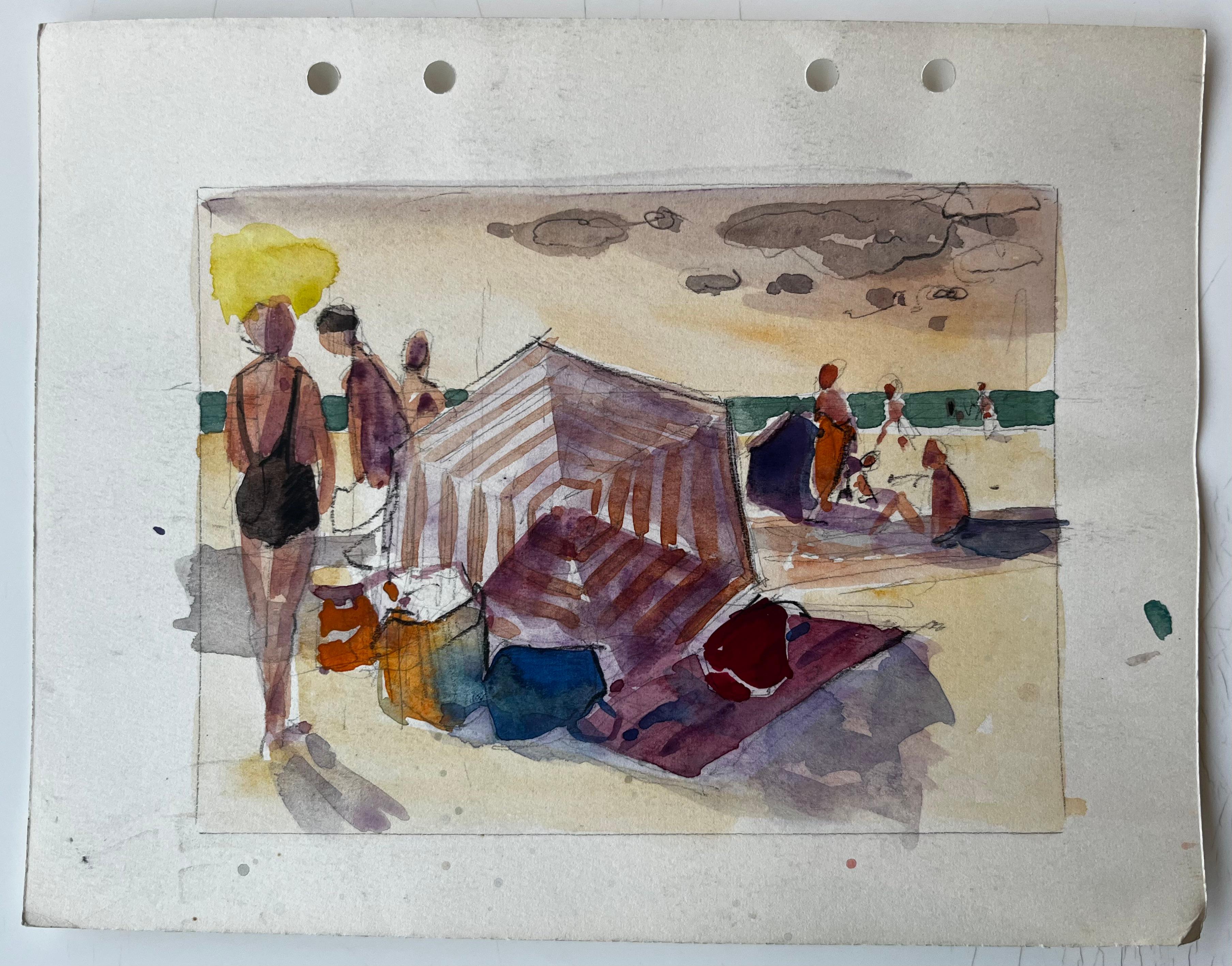 Scena di spiaggia Bagnanti con tenda a strisce e figure illuminate dal sole Acquerello - Art di Pierre Neveu