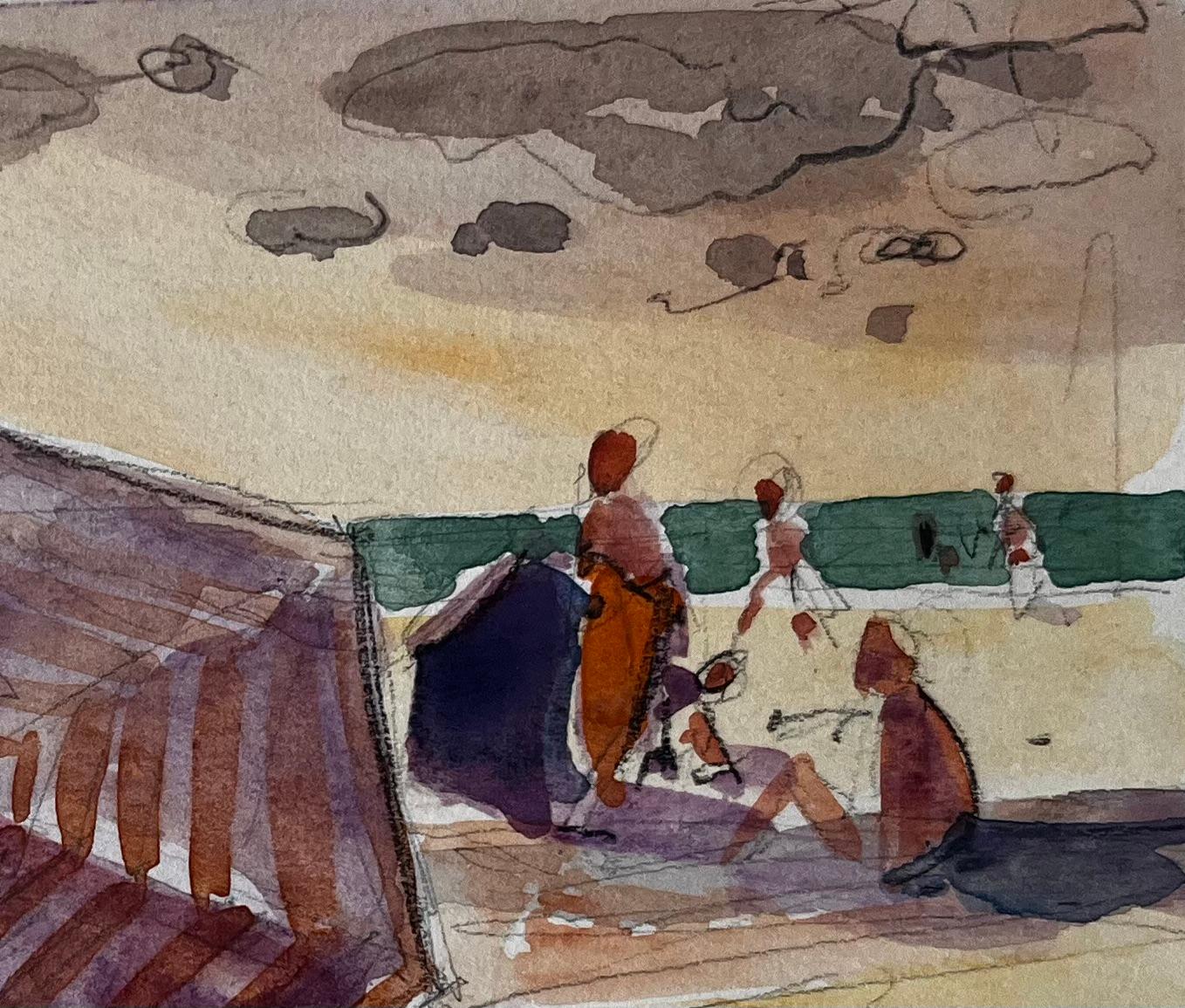 Scena di spiaggia Bagnanti con tenda a strisce e figure illuminate dal sole Acquerello - Landscape Art Marrone di Pierre Neveu