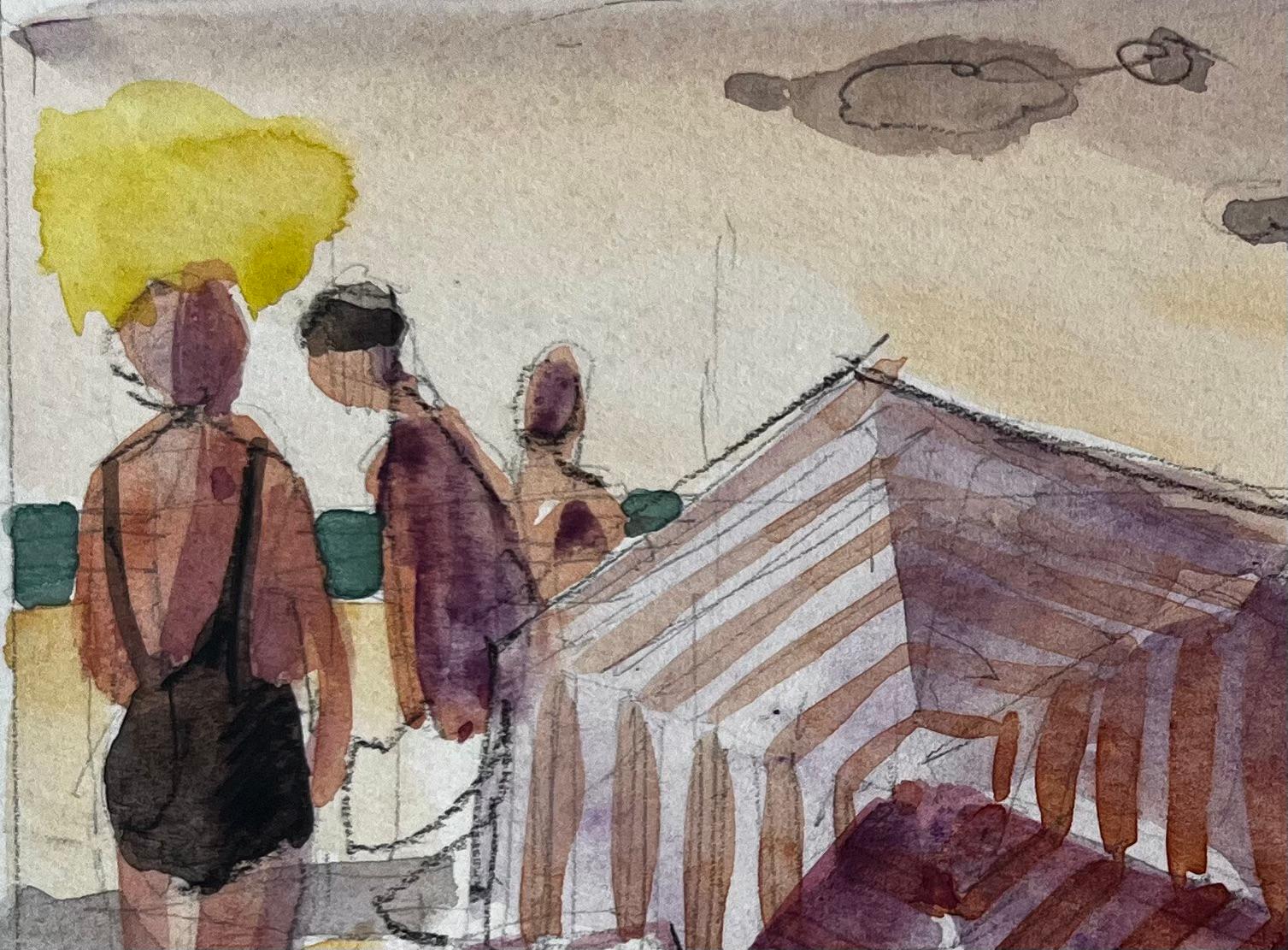 Scena di spiaggia Bagnanti con tenda a strisce e figure illuminate dal sole Acquerello - Art Postimpressionismo di Pierre Neveu