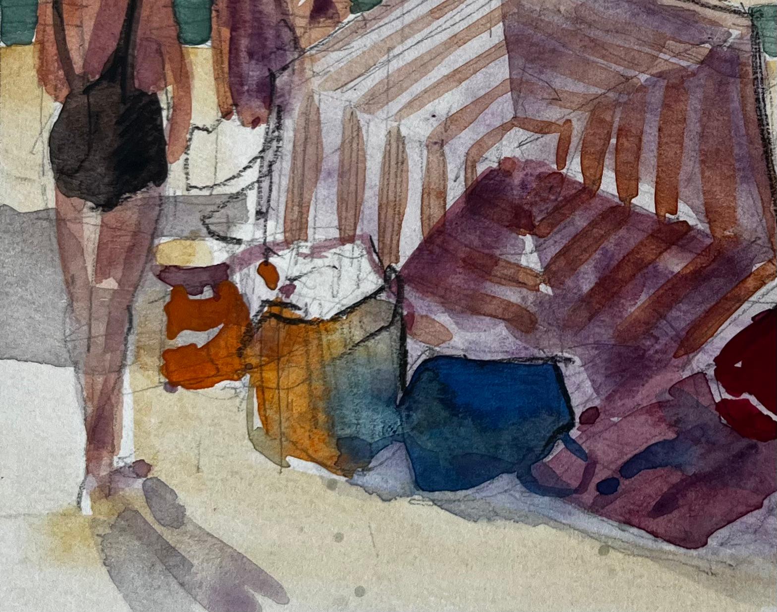 Titolo: Scena di spiaggia Bagnanti con tenda a righe e figure illuminate dal sole Acquerello
Artista: Pierre Neveu (francese, nato nel 1929)
Medium: Acquerello su carta da artisti, senza cornice
Dimensioni (H. x L): 6,5 x 8,5 pollici
Condit: Nel