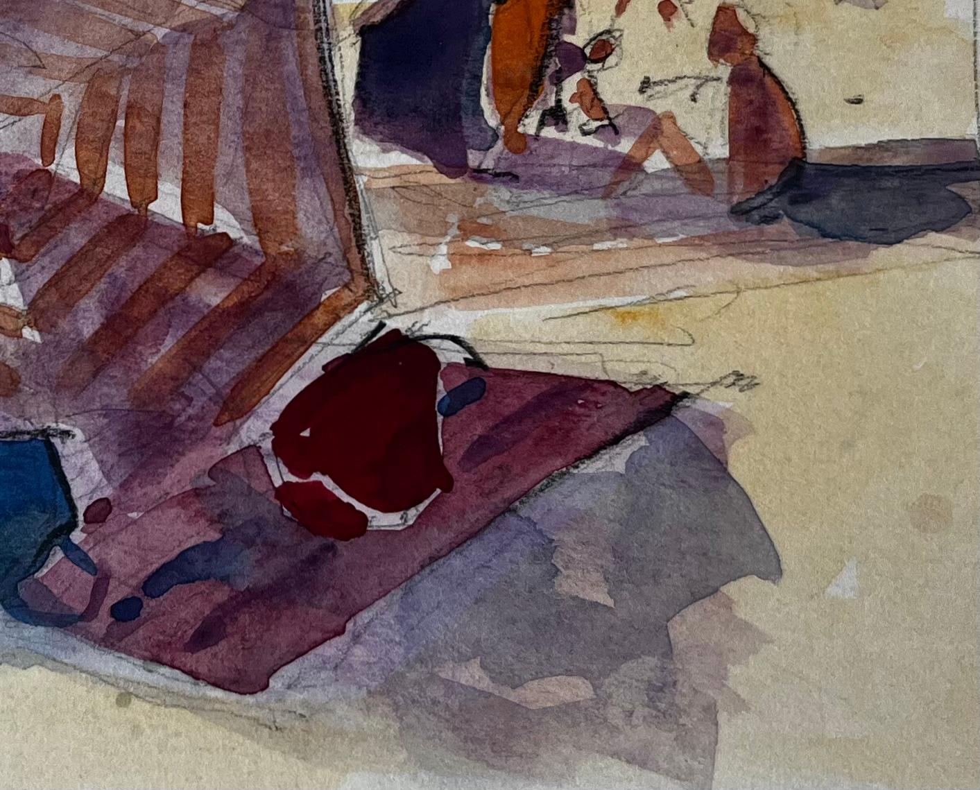 Scena di spiaggia Bagnanti con tenda a strisce e figure illuminate dal sole Acquerello in vendita 1