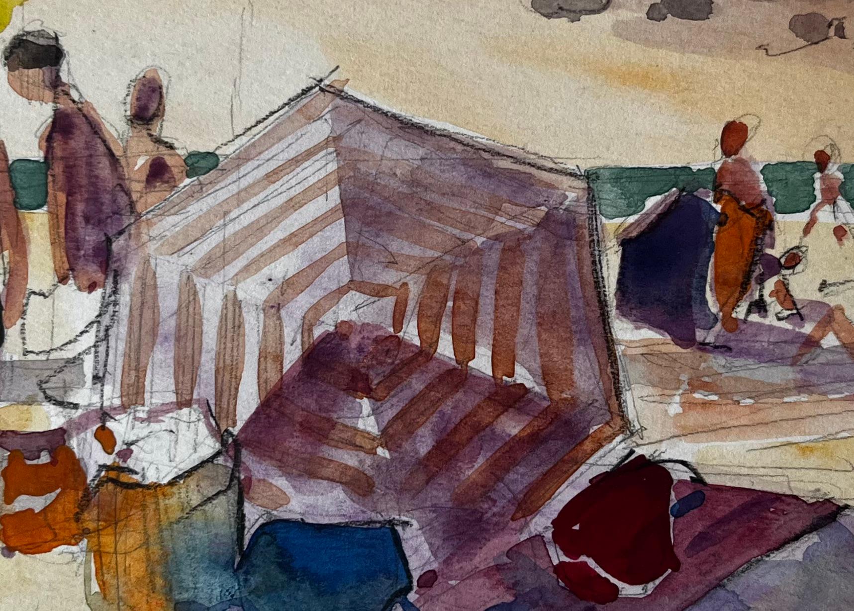 Scena di spiaggia Bagnanti con tenda a strisce e figure illuminate dal sole Acquerello in vendita 2