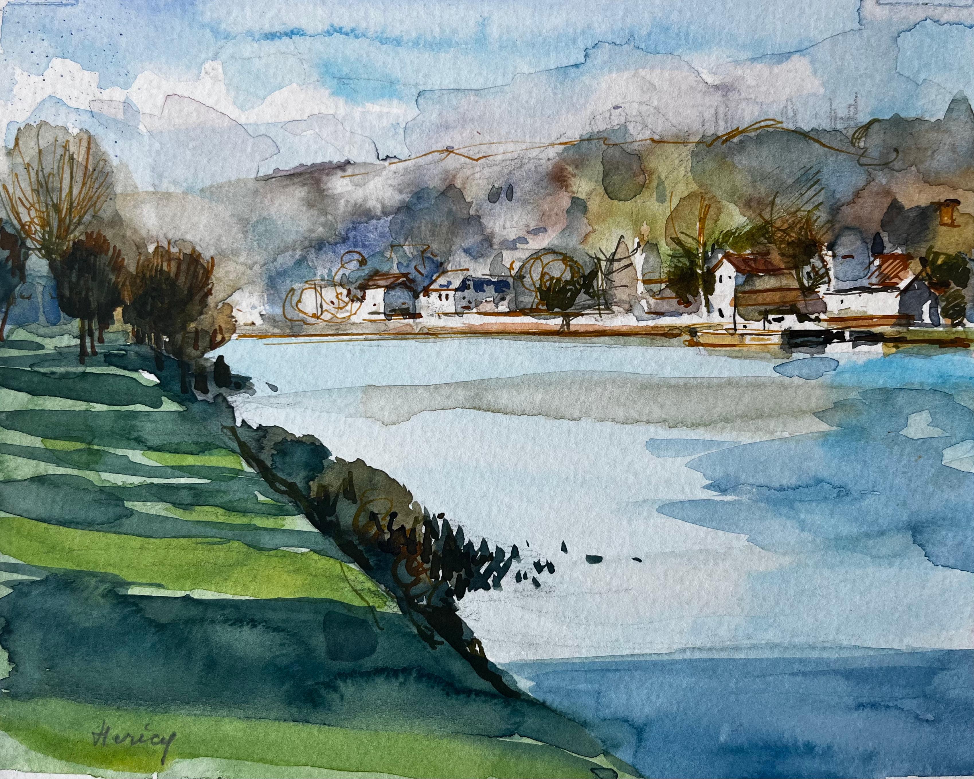 Acquerello di Riverside Village Hille Riflessi e campi illuminati dal sole