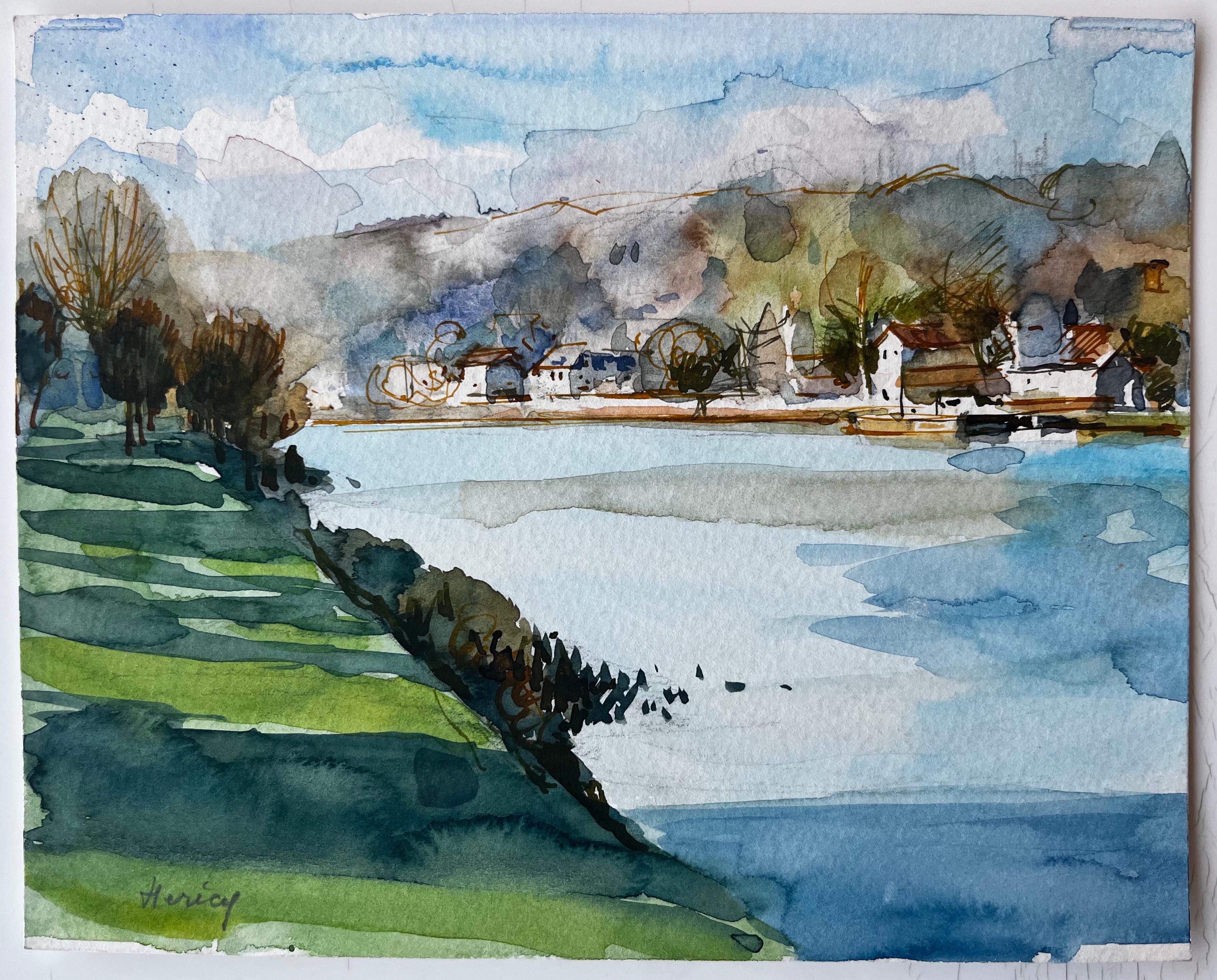 Village de Riverside Hills Trees Reflections and Sunlit Fields Aquarelle - Art de Pierre Neveu