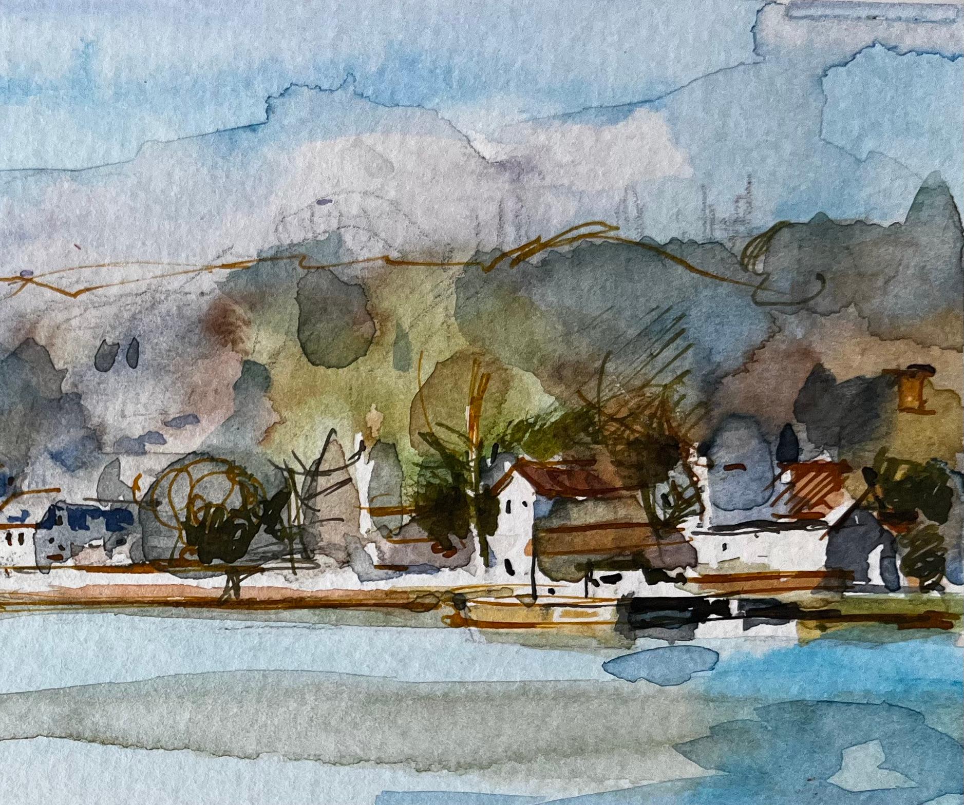 Village de Riverside Hills Trees Reflections and Sunlit Fields Aquarelle - Post-impressionnisme Art par Pierre Neveu