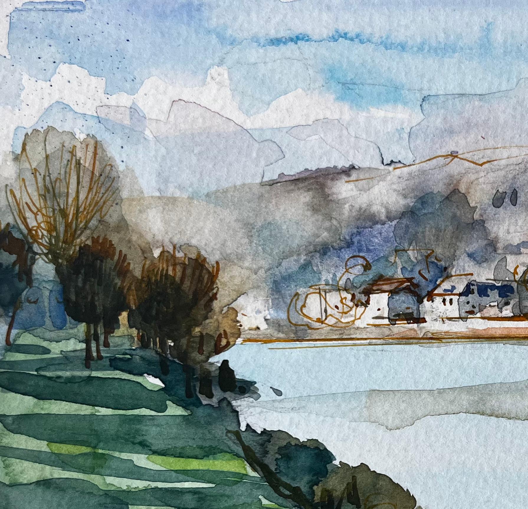 Village de Riverside Hills Trees Reflections and Sunlit Fields Aquarelle en vente 2