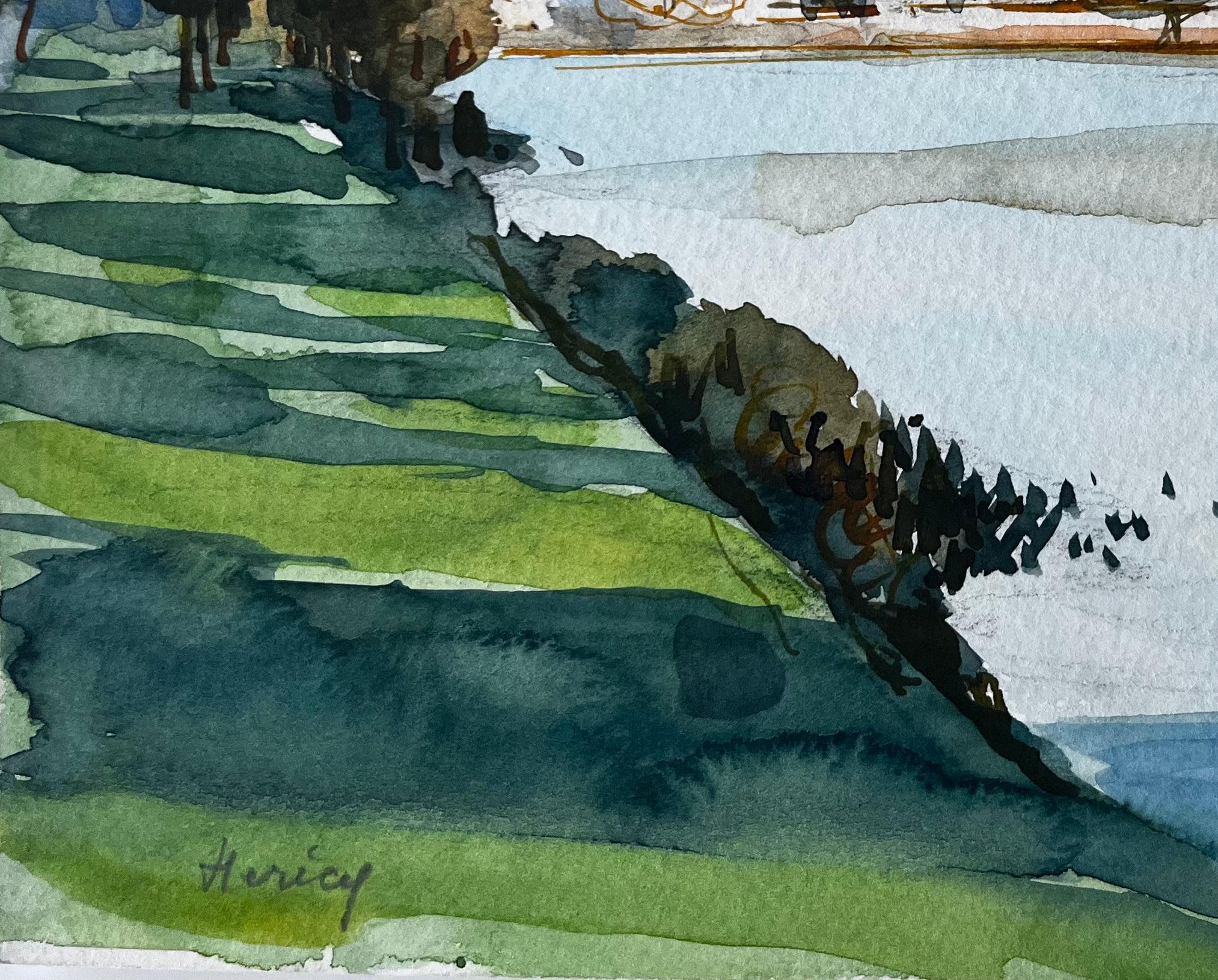 Village de Riverside Hills Trees Reflections and Sunlit Fields Aquarelle en vente 1
