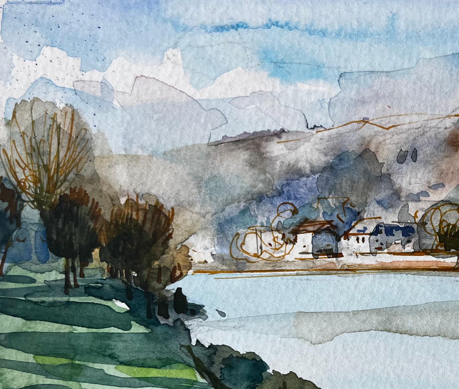 Village de Riverside Hills Trees Reflections and Sunlit Fields Aquarelle - Gris Landscape Art par Pierre Neveu