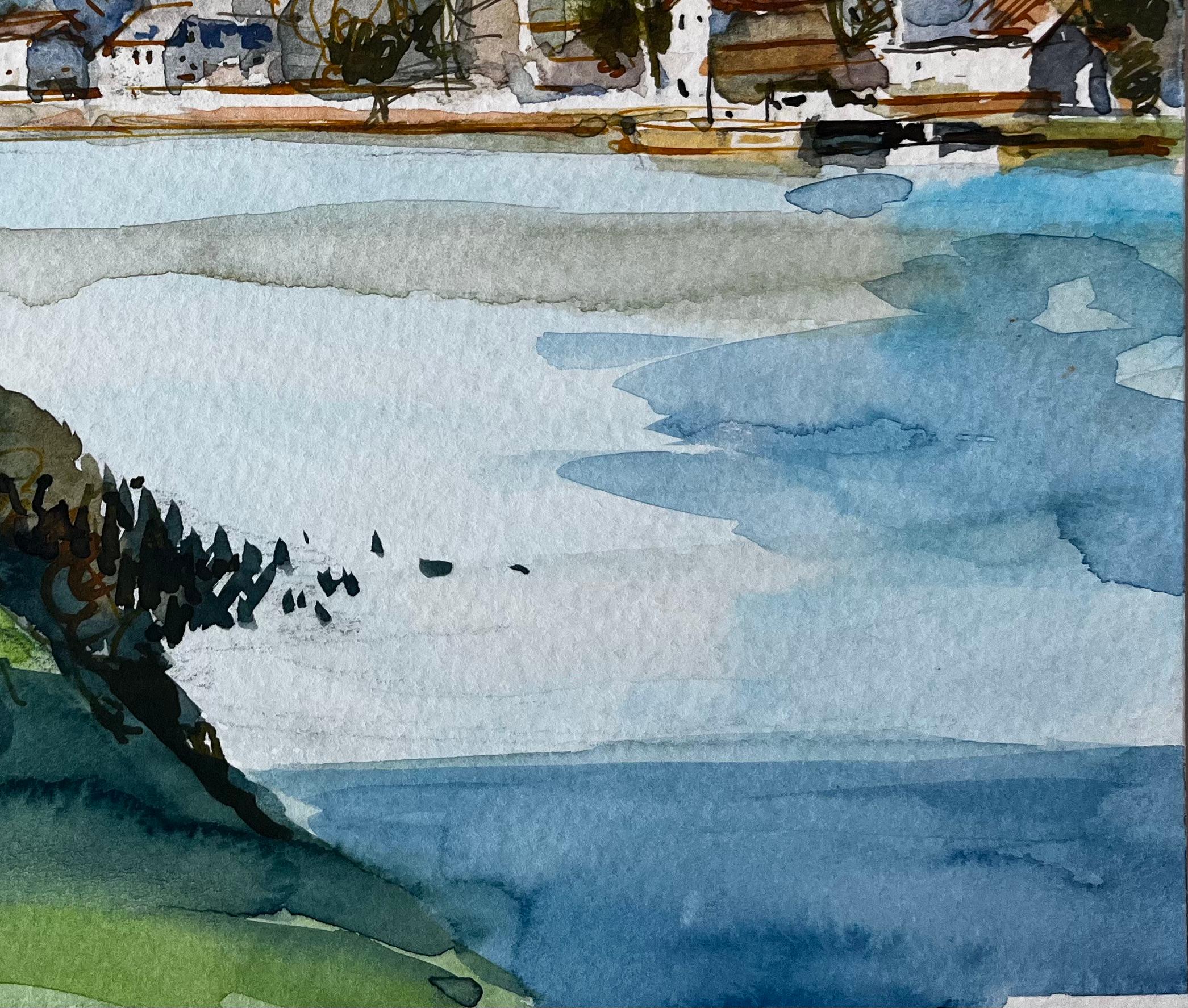 Titre : Aquarelle : collines du village de Riverside, arbres, reflets et champs éclairés par le soleil
Artistics : Pierre Neveu (français né en 1929)
Moyen d'expression : Aquarelle sur papier d'artiste, non encadrée
Taille (H x L) : 6,5 x 8,25