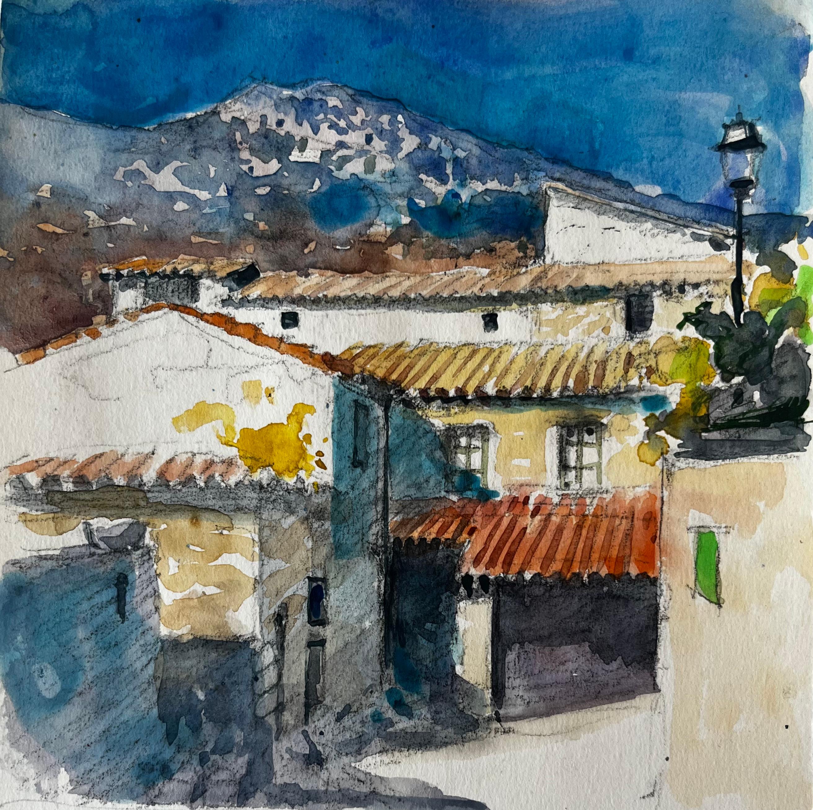 Maisons de village méditerranéennes Toits en terre cuite Vue sur la montagne Aquarelle