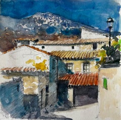 Casas de pueblo mediterráneas Tejados de terracota Vista de la montaña Acuarela