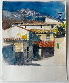 Mediterranean Village Houses Terracotta Roofs Mountain View Watercolor
