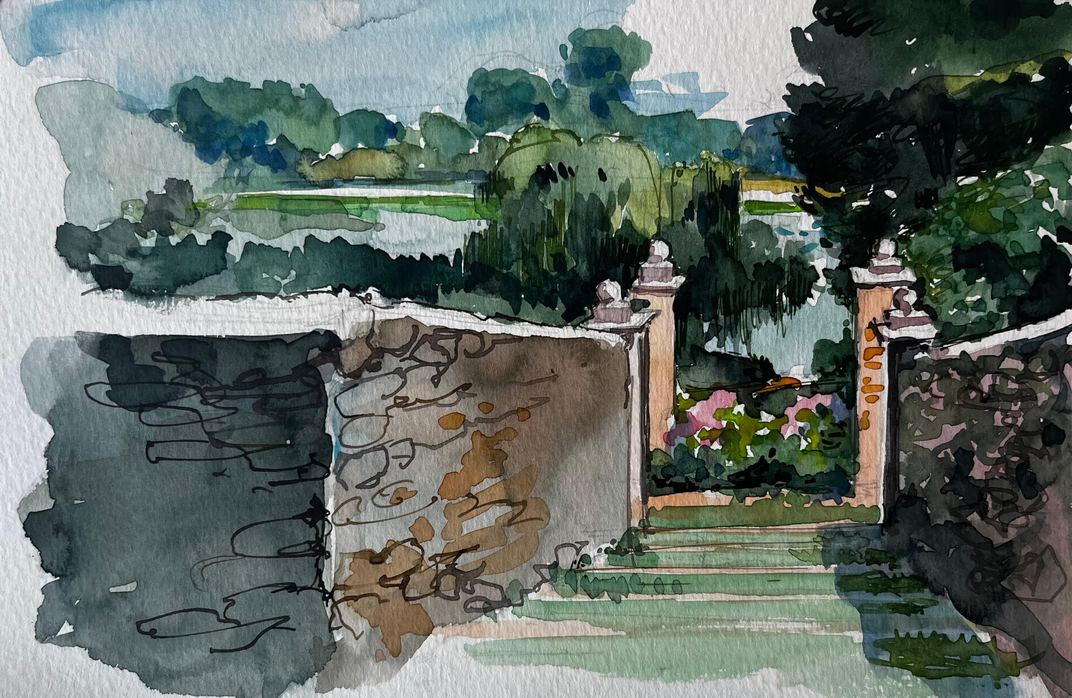 Porte de jardin Murs de pierre Arbres Paysage luxuriant et vue sur la rivière Aquarelle