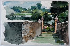 Garden Gate Stone Walls Trees Lush Landscape and River View Watercolor