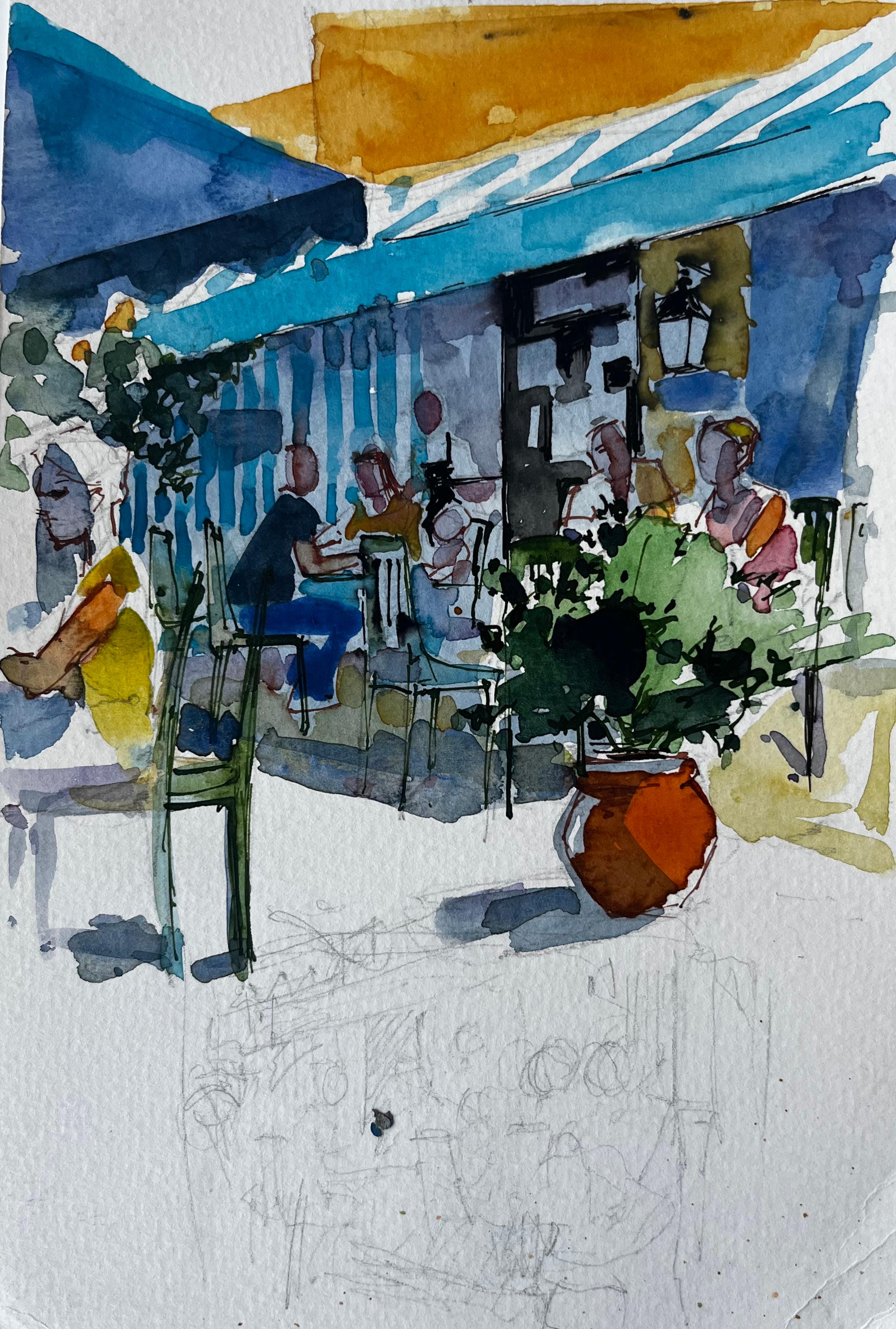 Café méditerranéen Terrasse Figures auvents bleus Rue ensoleillée Aquarelle