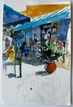 Mediterranean Café Terrace Figures Blue Awnings Sunlit Street Watercolor