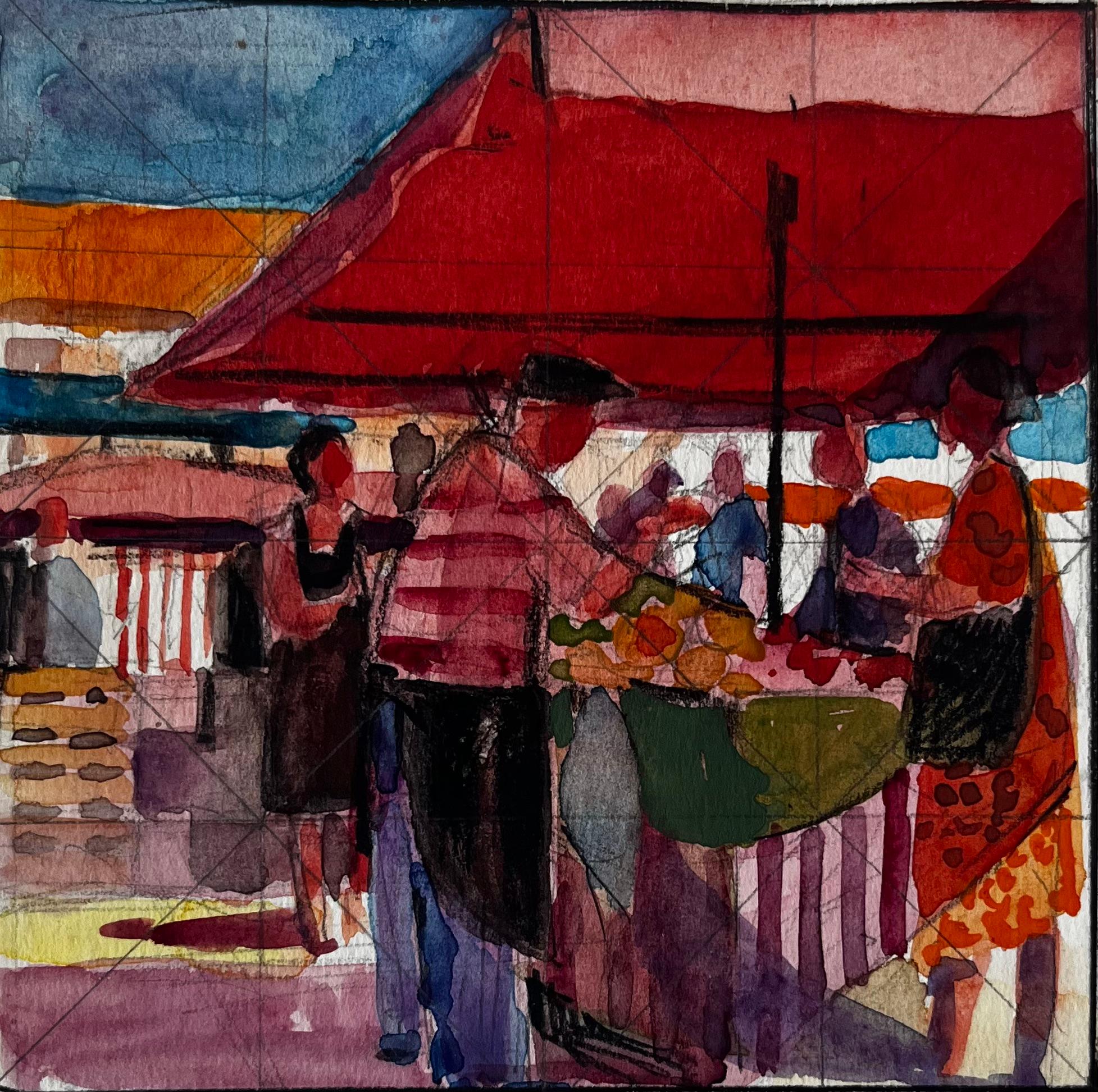 French Market Scene Red Canopy Figures Fruit Stalls and Street Vendors