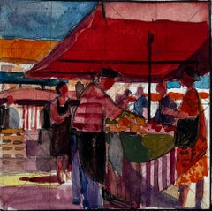 Vintage French Market Scene Red Canopy Figures Fruit Stalls and Street Vendors