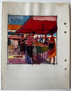 French Market Scene Red Canopy Figures Fruit Stalls and Street Vendors